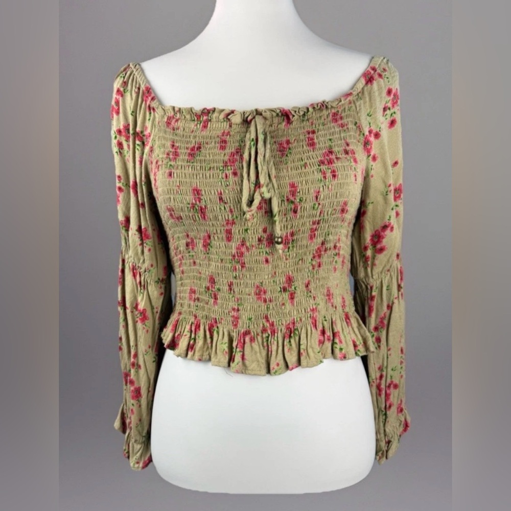 Angie Pink Floral Beige Smocked Blouse